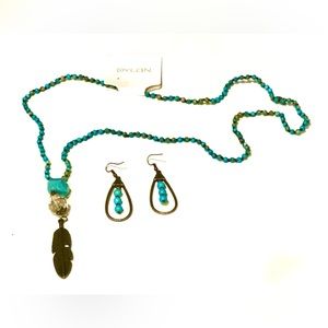 Dylan Necklace with Blue Beads and Feather Charm (NWT)